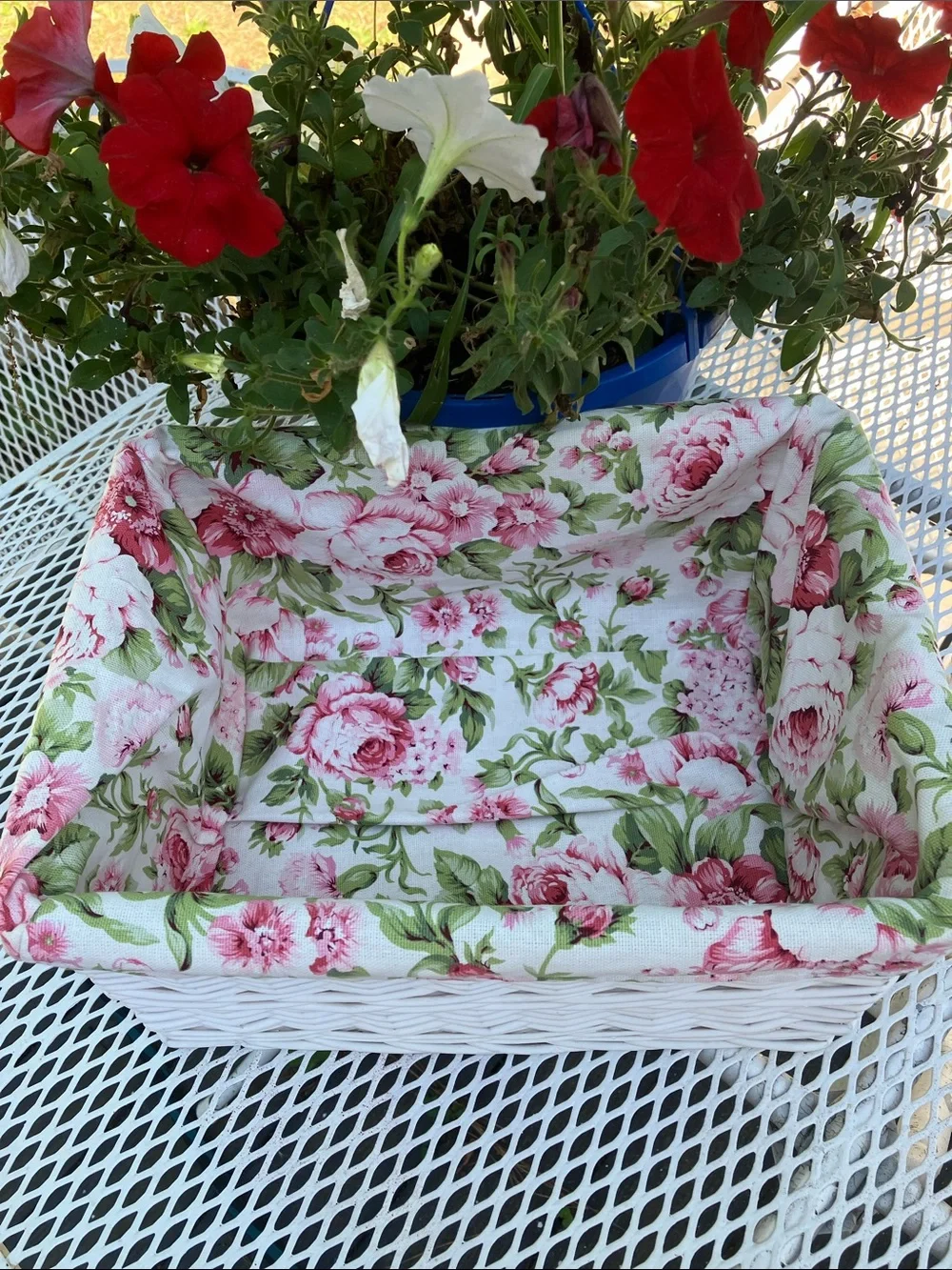 White Wicker Basket With Cotton Lining in Flower Design